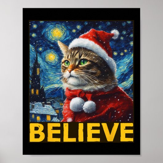 Geloof Kerst Shirt Sterrennacht Van Gogh Kat Poster (Voorkant)