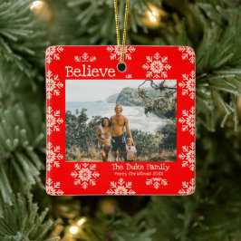 Geloof kerstfoto's in Red Snowflakes Keramisch Ornament