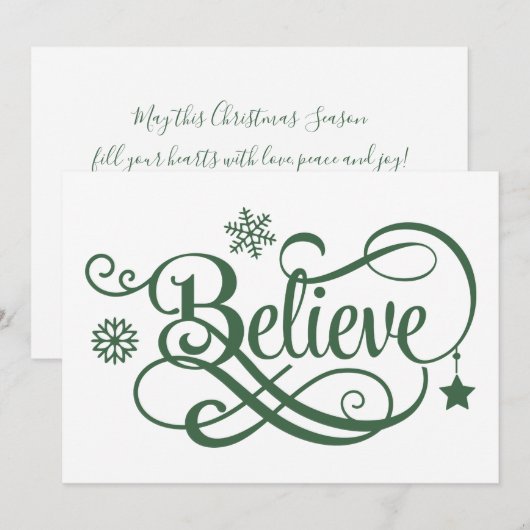 Geloof kerstkaart groene sneeuwvlokken, sterren (Voorkant / Achterkant)