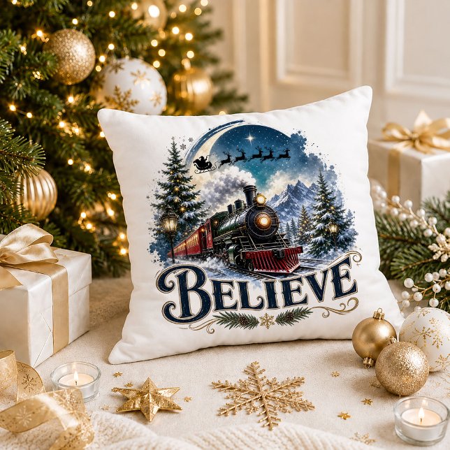 Geloof Kerstmis Trein Polar Express Kussensloop Kussen (Believe Christmas Train Polar Express Throw Pillow)