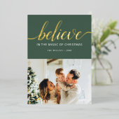 Geloof kerstscript foto groen folie feestdagenkaart (Staand Voorkant)