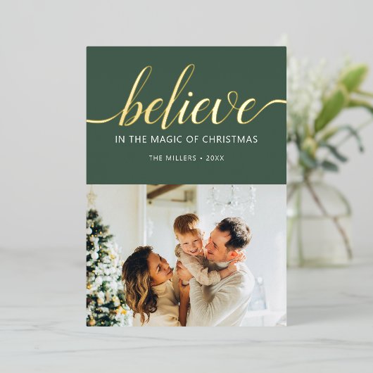 Geloof kerstscript foto groen folie feestdagenkaart (Staand Voorkant)
