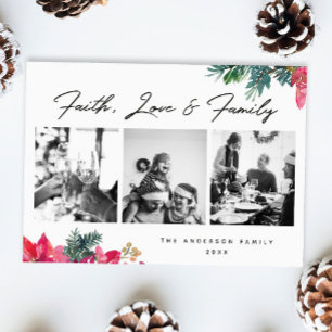 Geloof Liefde Familie. Religieuze kerst bloemen Feestdagenkaart