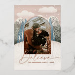 Geloof me. Gouden winter bos religieuze Kerstmis Folie Feestdagenkaart<br><div class="desc">Gouden schattige sneeuw winter bos religieuze Kerstmis Vakantie foto Kaart "Geloof" in roze blush blauwe kleuren.</div>