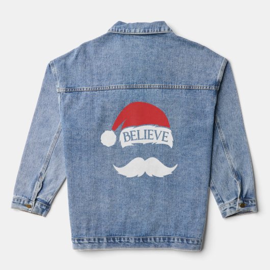 Geloof me Mustache Santa Hat Pet Familie Kerstmis Denim Jacket (Achterkant)