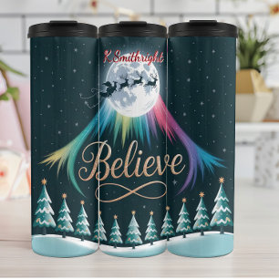 Geloof met de kerstman en dennenbomen thermosbeker