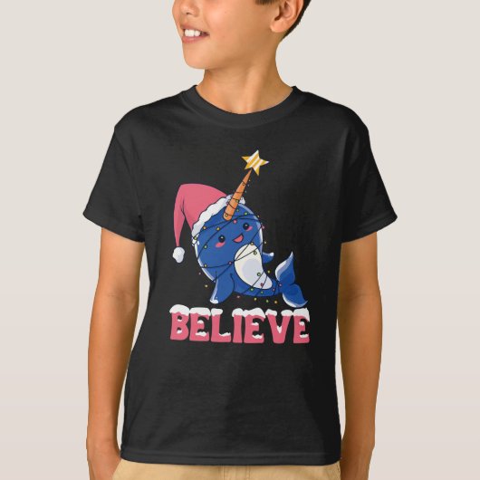 Geloof Narwhal-kerstsneeuwval met luchtlicht T-shirt (Voorkant)