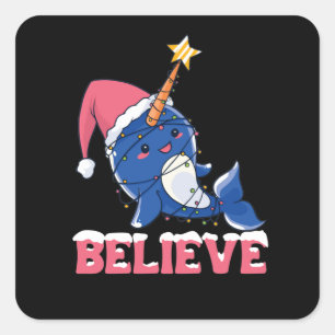 Geloof Narwhal-kerstsneeuwval met luchtlicht Vierkante Sticker