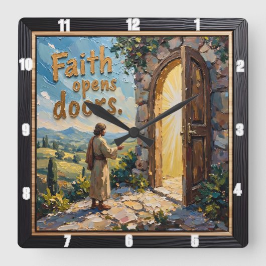 Geloof opent deuren vierkante klok (Voorkant)