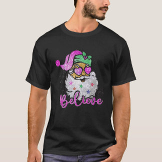 Geloof Retro Santa Kerstmis Vrouwen Roze Santa Sun T-shirt
