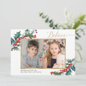 Geloof rode holly bessen en gouden twee fotokaarte (Staand voorkant)
