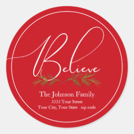 Geloof Rode Kerstmis Ronde Terugkeeradresetiket Ronde Sticker