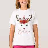 Geloof Rood en Wit Poinsettia Reindeer Unicorn T-shirt (Voorkant)