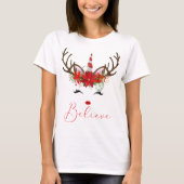 Geloof Rood en Wit Poinsettia Reindeer Unicorn T-shirt (Voorkant)