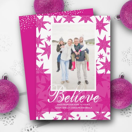 Geloof Roze Glitter Sterren Kerstfoto Feestdagenkaart