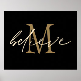 Geloof Schrift Gouden Monogram Initiaal Zwart Poster