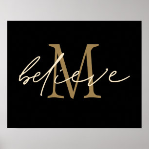 Geloof Schrift Gouden Monogram Initiaal Zwart Poster
