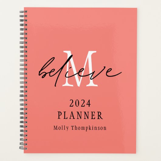 Geloof Script 2024 Monogram Initiaal Naam Koraal Planner (Voorkant)