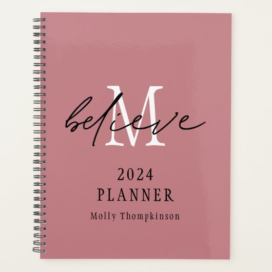 Geloof Script 2024 Monogram Initiaal Naam Roze Planner (Voorkant)