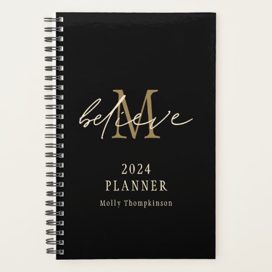 Geloof Script 2024 Monogram Initiaal Naam Zwart Planner (Voorkant)