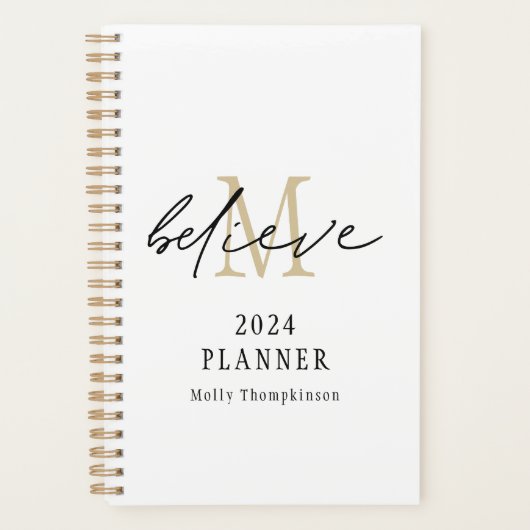 Geloof Script 2024 Monogram Naam Goud Wit Planner (Voorkant)