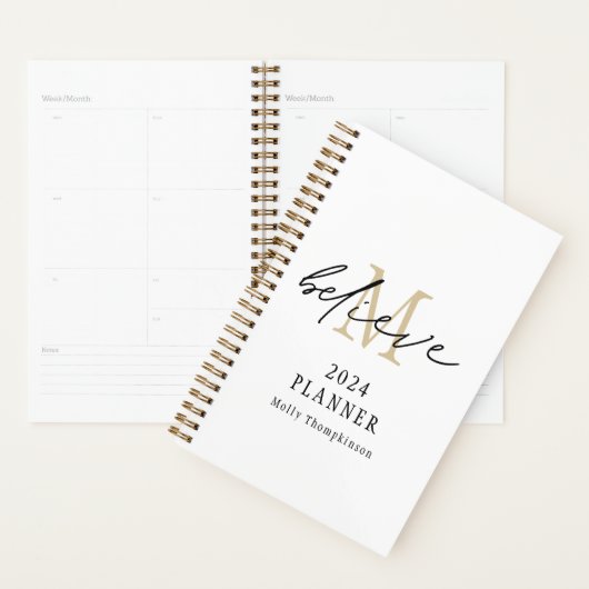 Geloof Script 2024 Monogram Naam Goud Wit Planner (Display)