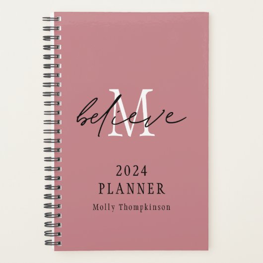 Geloof Script 2024 Naam Monogram Initiaal Roze Planner (Voorkant)