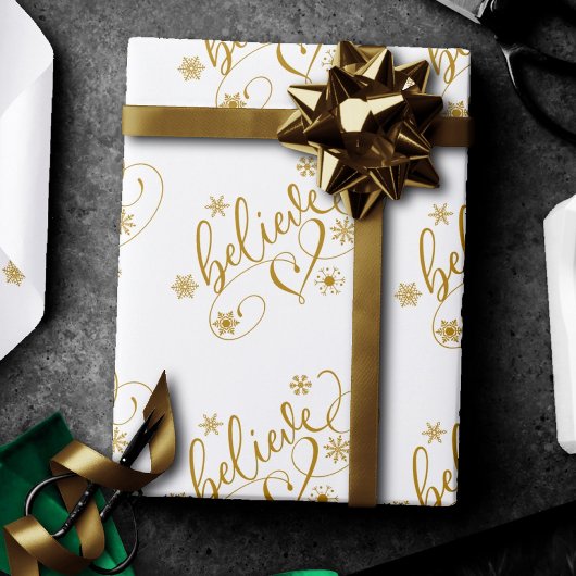 Geloof script | Gold Holiday Snowflake Floure Cadeaupapier