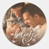 Geloof script | Kerst Sneeuwvlok foto overlay Ronde Sticker (Voorkant)