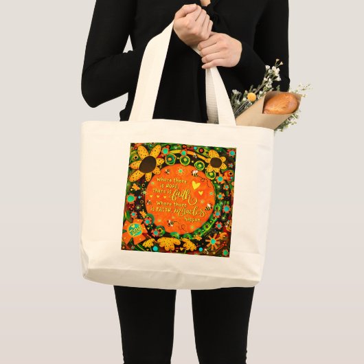 Geloof Sinaasappel Geel Bloemen Bumblebee Irelyn Grote Tote Bag (Voorkant (product))