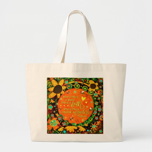 Geloof  Sinaasappel Geel Bloemen Bumblebee Irelyn Grote Tote Bag (Voorkant)