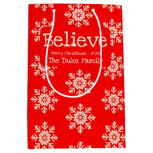 Geloof | Sneeuwvlokken Patroon | Rood en Wit Medium Cadeauzakje (Voorkant)