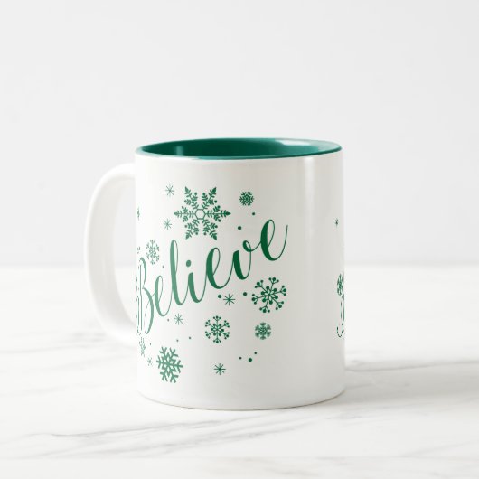 "Geloof" Snowflake Holiday Grafische Mok, groen Tweekleurige Koffiemok (Voorkant links)