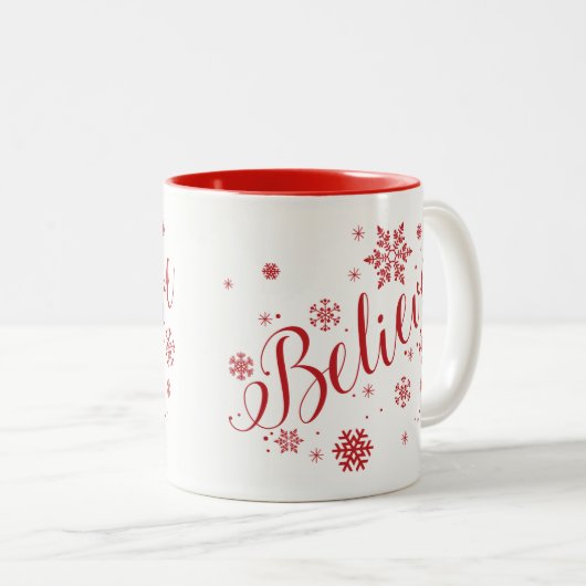 "Geloof" Snowflake Holiday Grafische Mok, rood Tweekleurige Koffiemok (Voorkant rechts)