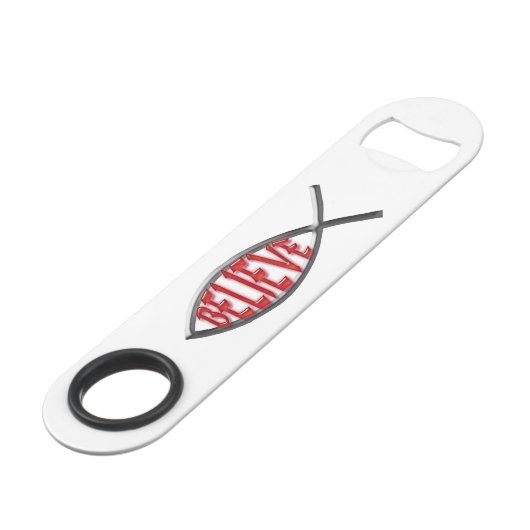 Geloof vis - rood speed flessenopener (Achterkant Gekanteld)