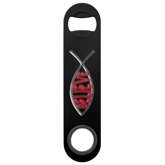 Geloof vis - rood speed flessenopener (Voorkant)