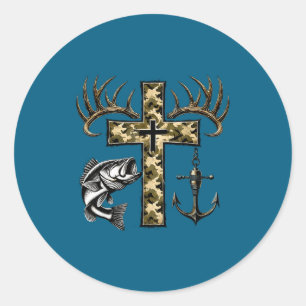 Geloof Vissen Jagen Camo Kruis Met Haak B Chris Ronde Sticker