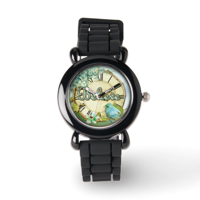 GELOOFLIJK blauwvogel- en bloemkorrelig design Horloge (Voorkant)