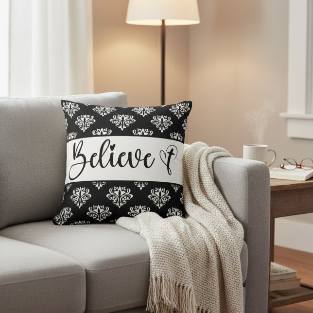 Gelooft u Christelijk moderne zwarte witte dodevra Kussen (Believe Modern Script Black White Damask Christian Throw Pillow)