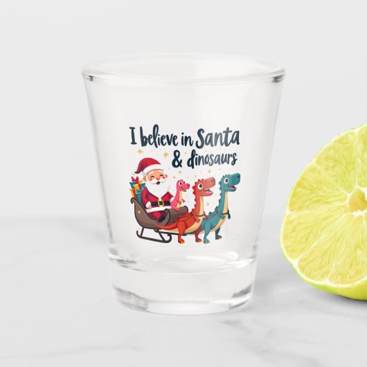 geloven in de Kerstman en dinosaurussen (Santa rij Shot Glas (Voorkant)