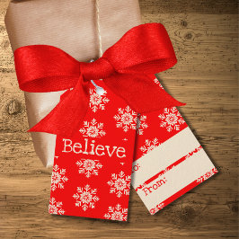 Geloven Rode Witte Sneeuwvlokken Kerstmis Cadeaulabel