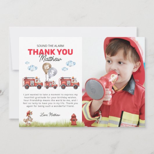 Geluid de Alarm Brandweerman Verjaardag Foto Bedankkaart (Voorkant)