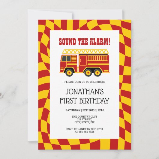 Geluid de alarm brandweerwagen geruite verjaardag kaart (Voorkant)