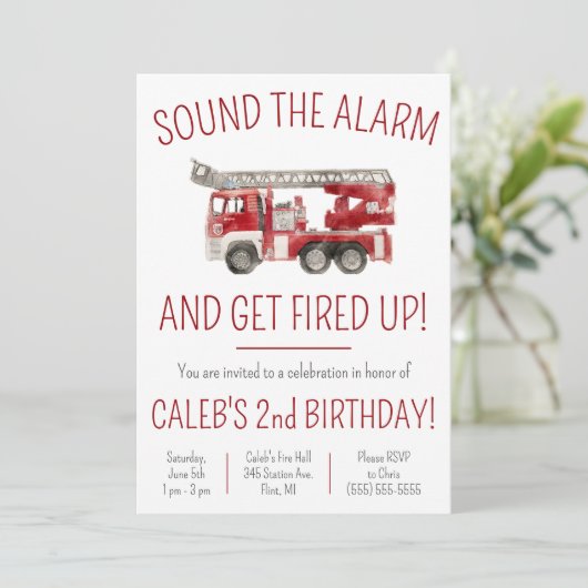 Geluid het alarm & Get Fired Up Fire Truck Verjaar Kaart (Staand voorkant)