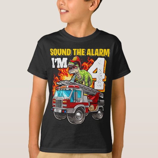Geluid het alarm Ik ben 4 Dinosaurus Brandweerman T-shirt (Voorkant)
