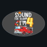 Geluid Het alarm ik ben brandweerman 4. Ovale Sticker<br><div class="desc">Geluid Het alarm dat ik vier brandweermannen ben,  4e verjaardag,  schept ovaal,  dik Collectie.</div>