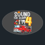Geluid Het alarm ik ben brandweerman 4. Ovale Sticker<br><div class="desc">Geluid Het alarm dat ik vier brandweermannen ben,  4e verjaardag,  schept ovaal,  dik Collectie.</div>