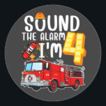 Geluid Het alarm ik ben brandweerman 4. Ronde Sticker<br><div class="desc">Geluid Het alarm dat ik vier brandweermannen ben,  4e verjaardag,  Classic Round Sticker Classic Collectie.</div>