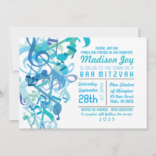 GELUIDEN VAN DE TORAH Aqua Bat Mitswa Uitnodiging (Voorkant)
