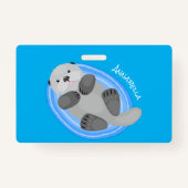 Geluidsgeluk zee otter blauwe cartoon illustratie badge (Achterkant)